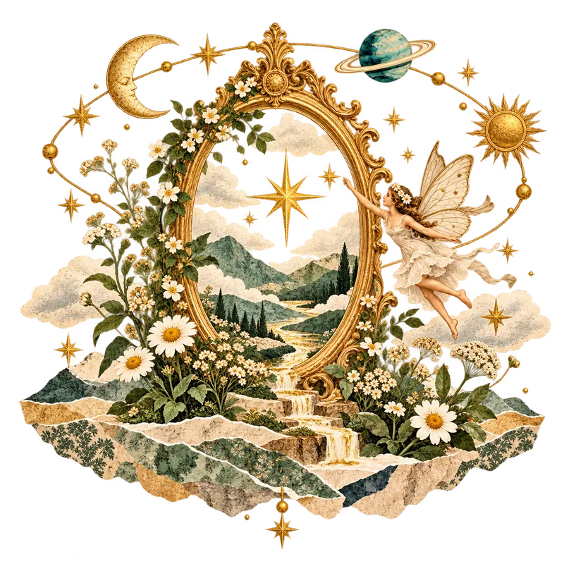 An illustrated Fairy dancing beside a golden mirror in a small floating garden.